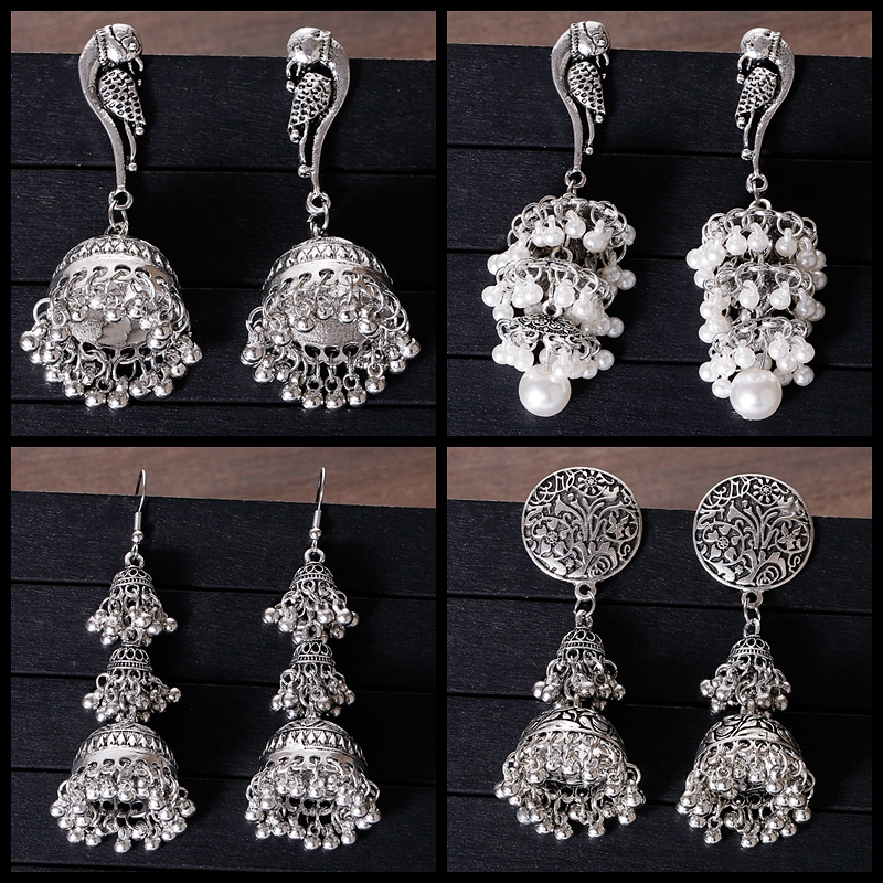 Ethnic Indian Fashion - Ethnic Silver Color Peacock Bell Earrings