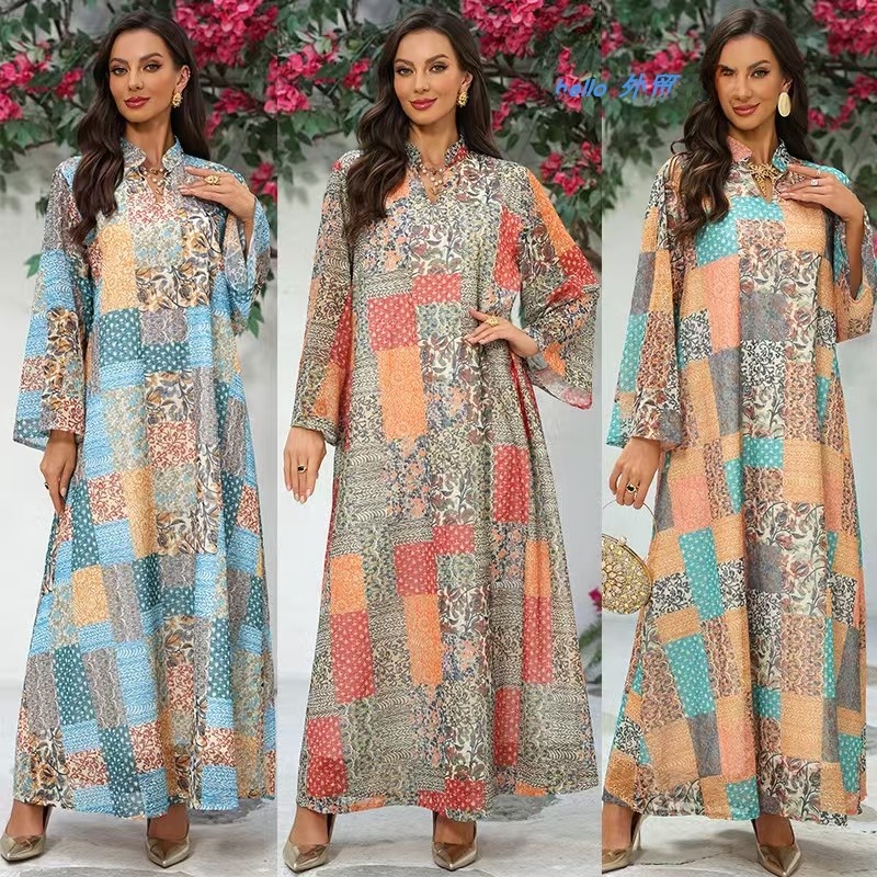 Ethnic Style Dresses - Fashionable Long Sleeve Printed Dress V