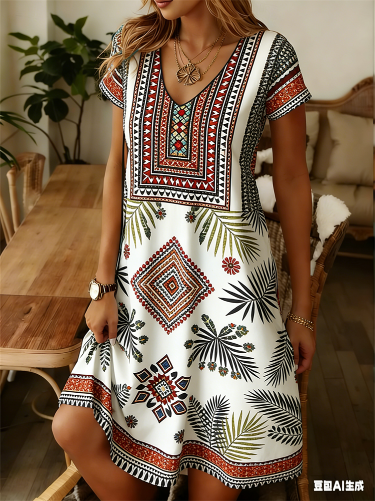 Ethnic Style Dresses - Ethnic Style Women Dress Summer V-Neck